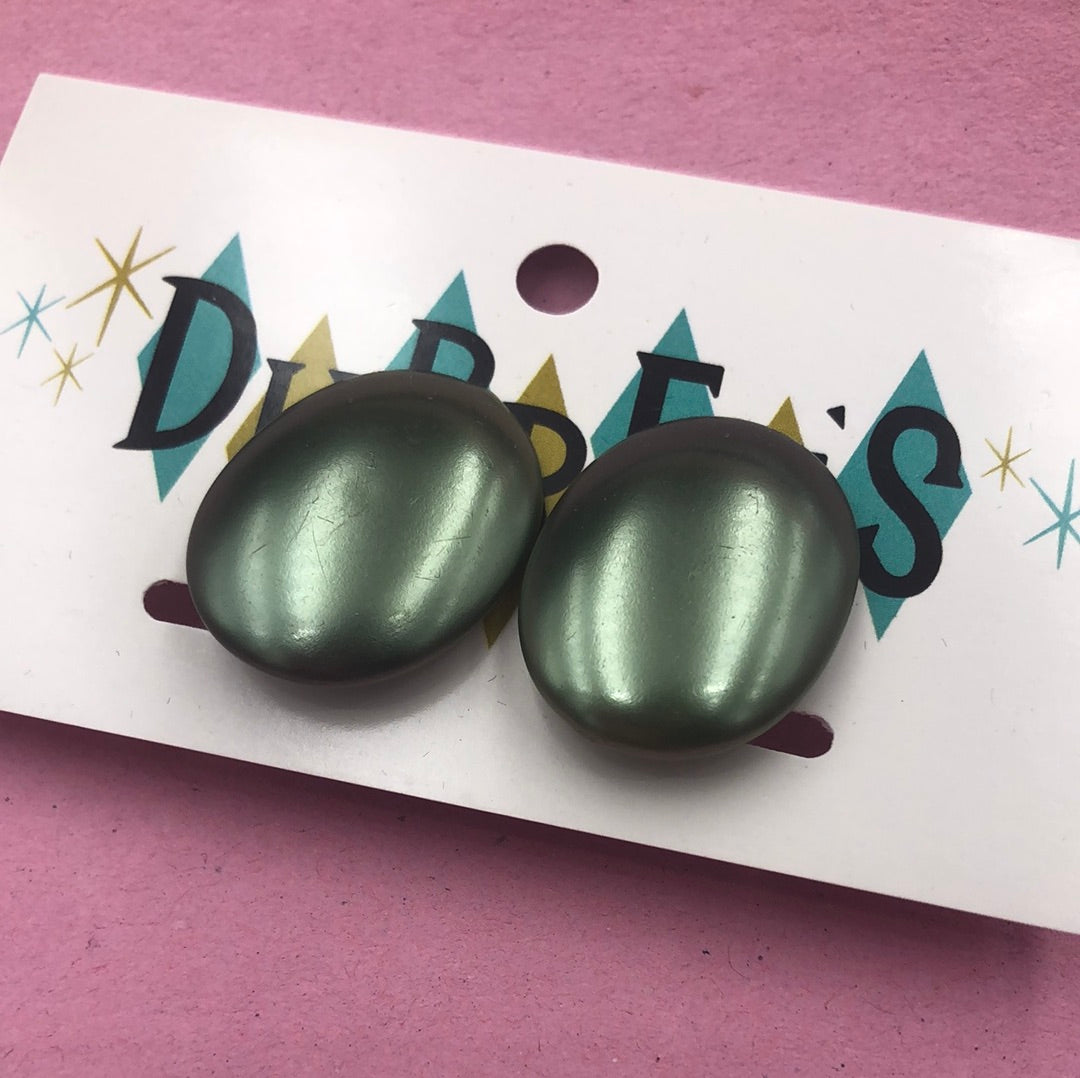 Olive Green Metallic Oval clip on earrings