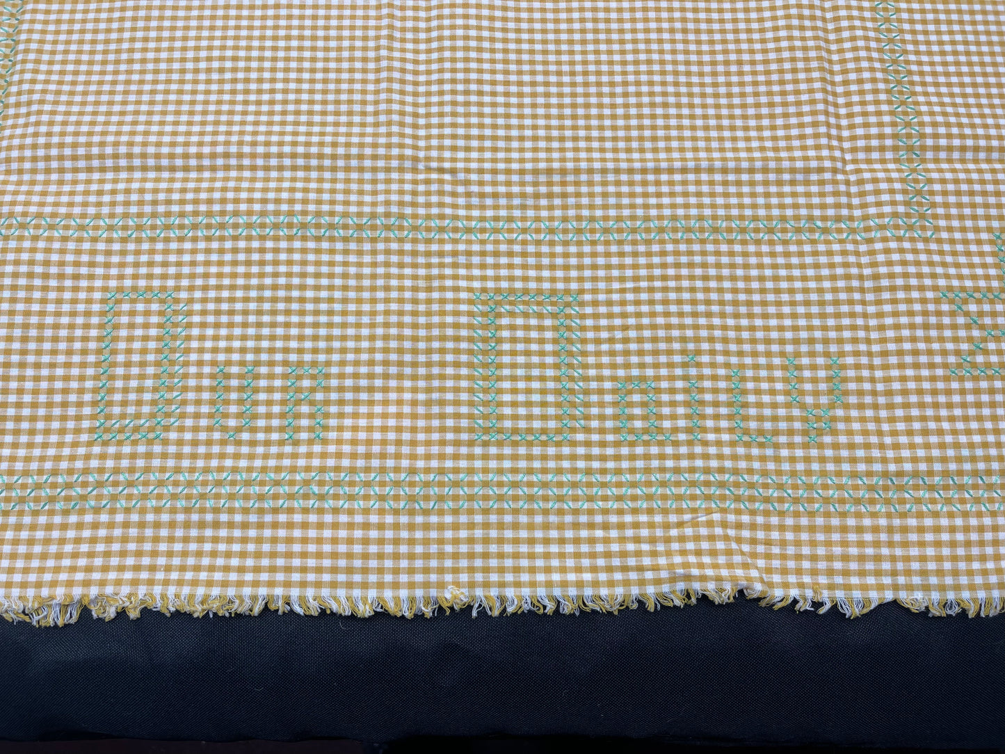 Yellow Gingham Tablecloth with Green Cross Stitch