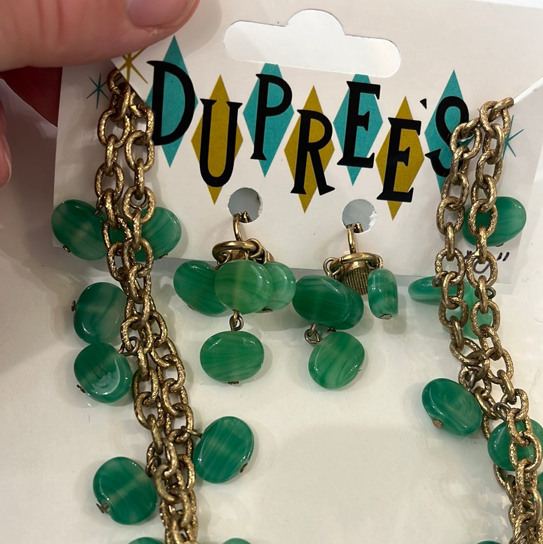 Green stone necklace and matching clip earrings