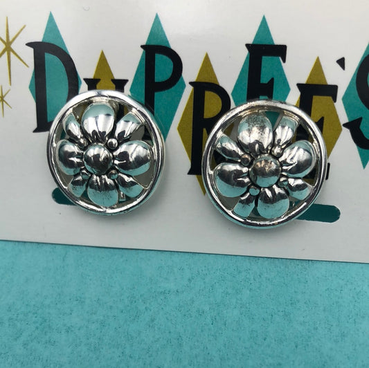Silver Flower clip on earrings