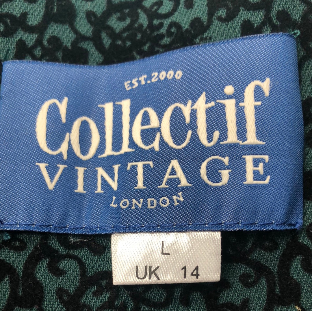 Emerald Green High Waist Skirt with Black Flocked Scroll Pattern