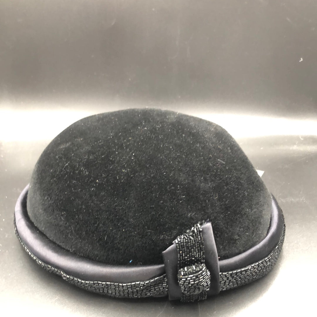Black velvet hat with Black satin band and bugle bead trim