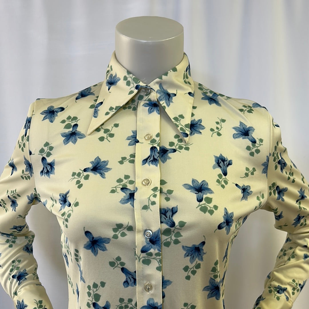 70s Pastel Yellow Floral Blouse