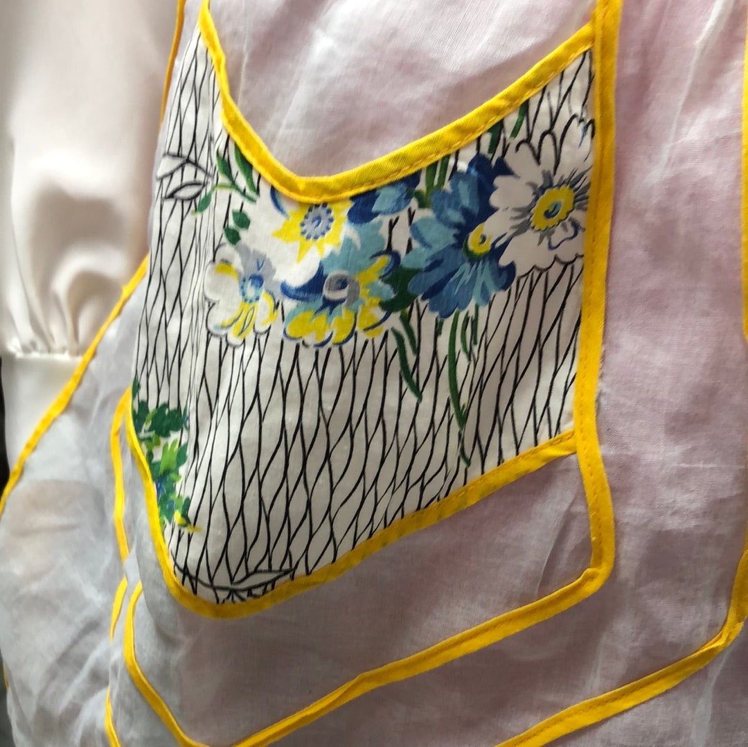 White, Blue and Yellow half apron with tie back
