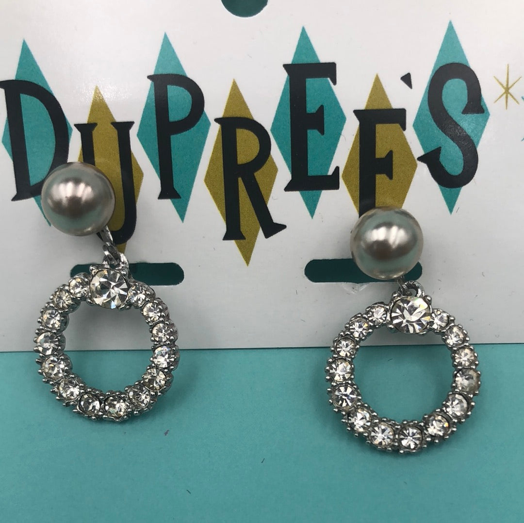 Silver Pearl with circle of crystal drop - Clip Back earrings