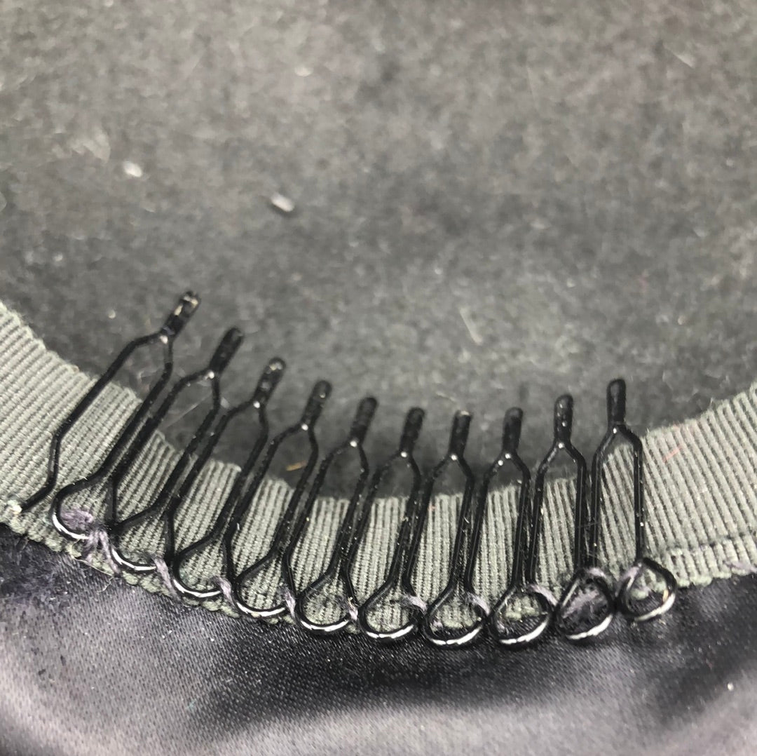 Black velvet hat with Black satin band and bugle bead trim