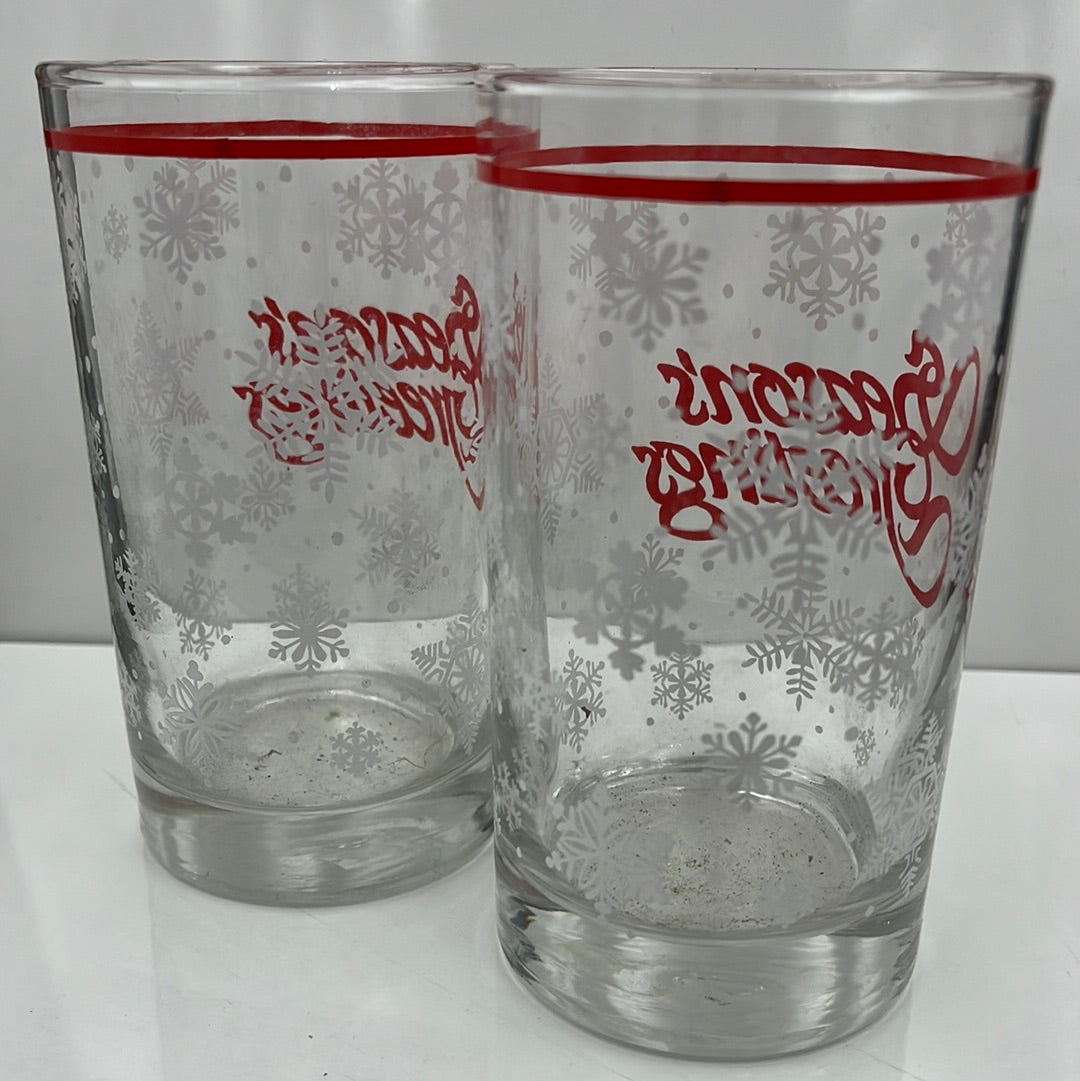 Set of two snowy Season’s Greetings glasses