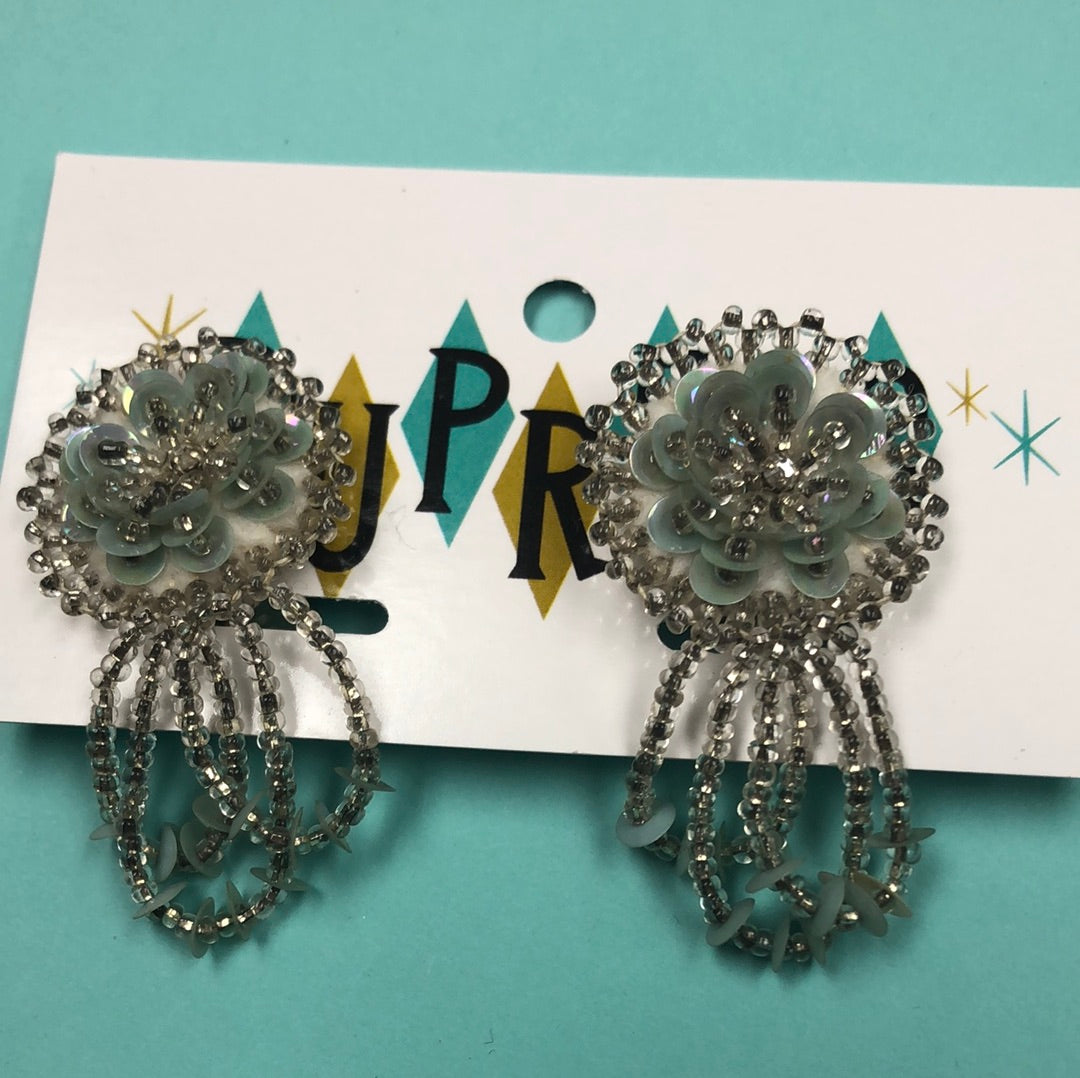 Blue and Silver bead and sequin earrings with clip backs