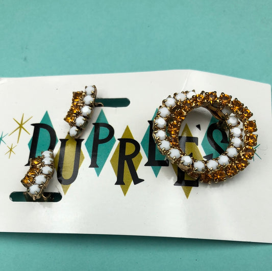 Broach and Clip Earrings Set - Amber and White Crystal