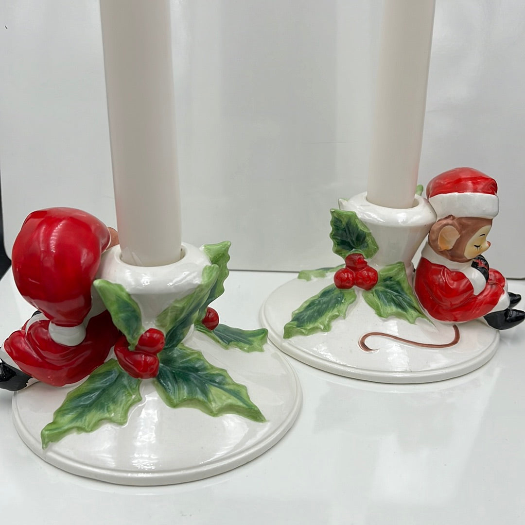 Josef Originals sleeping Santa mouse candle holders