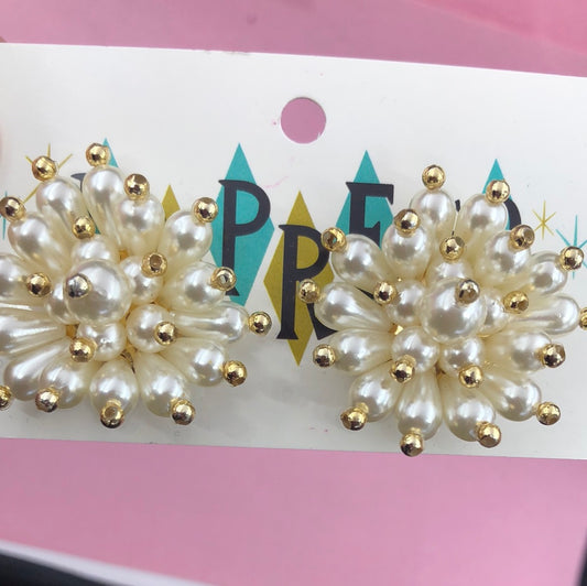 Faux Pearl bead cluster with Gold detail clip on earrings