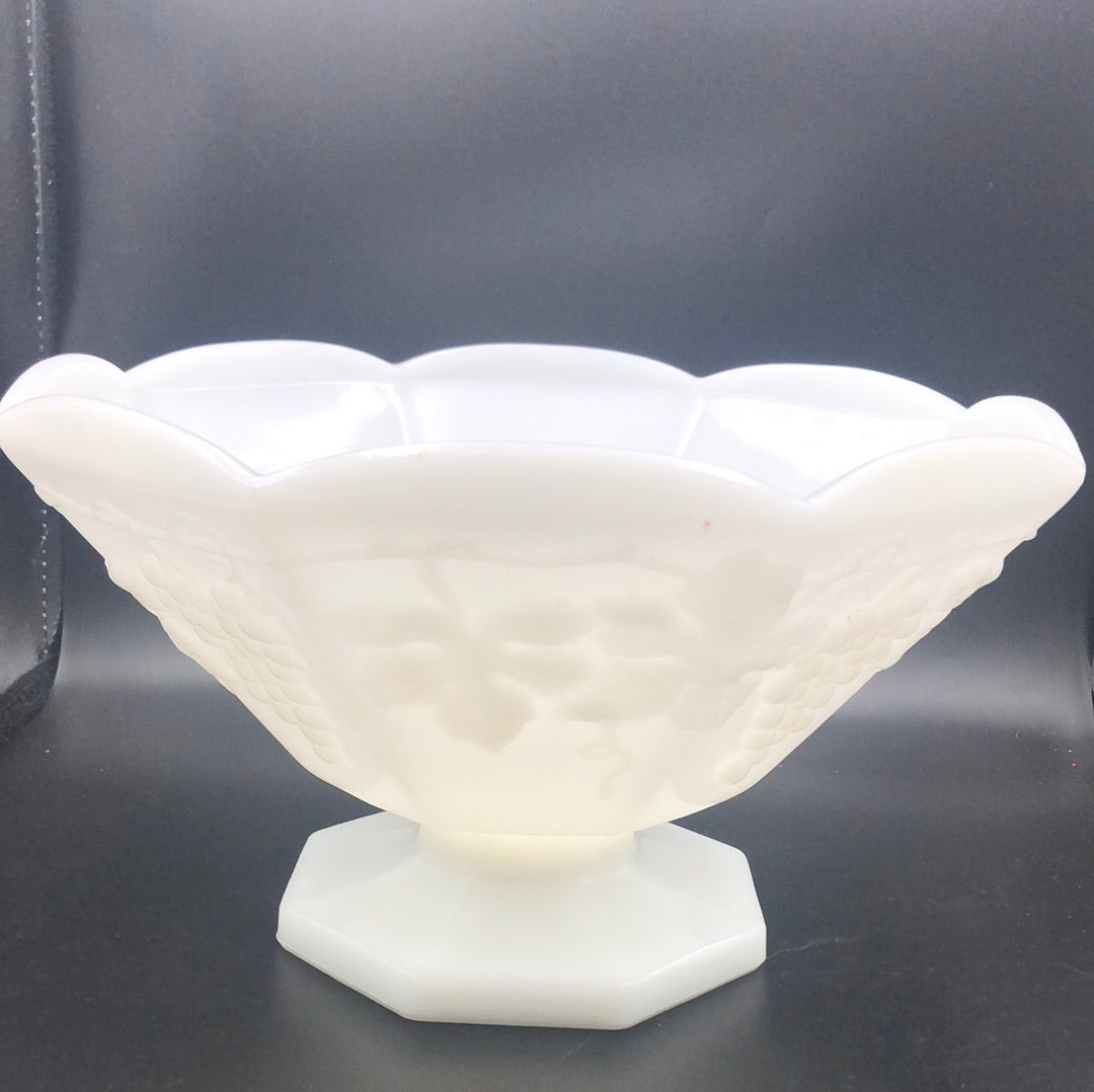 White Milk Glass Octagonal Pedestal Bowl with Grape Design