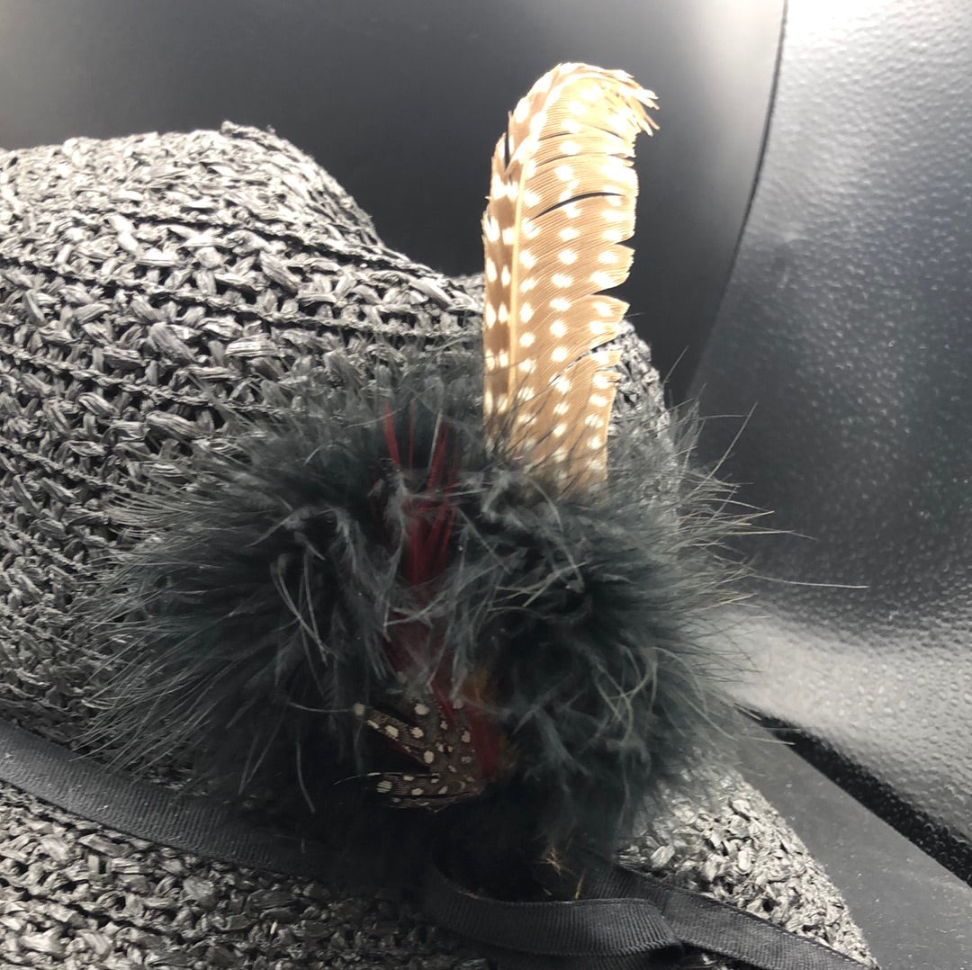 Black Woven Hat with Feather Detail