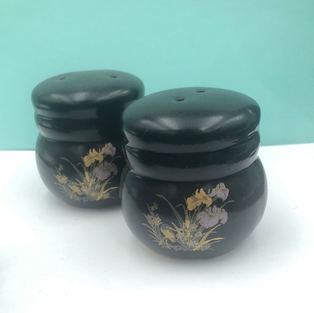 Black ceramic sugar bowl , creamer, and matching salt and pepper shakers