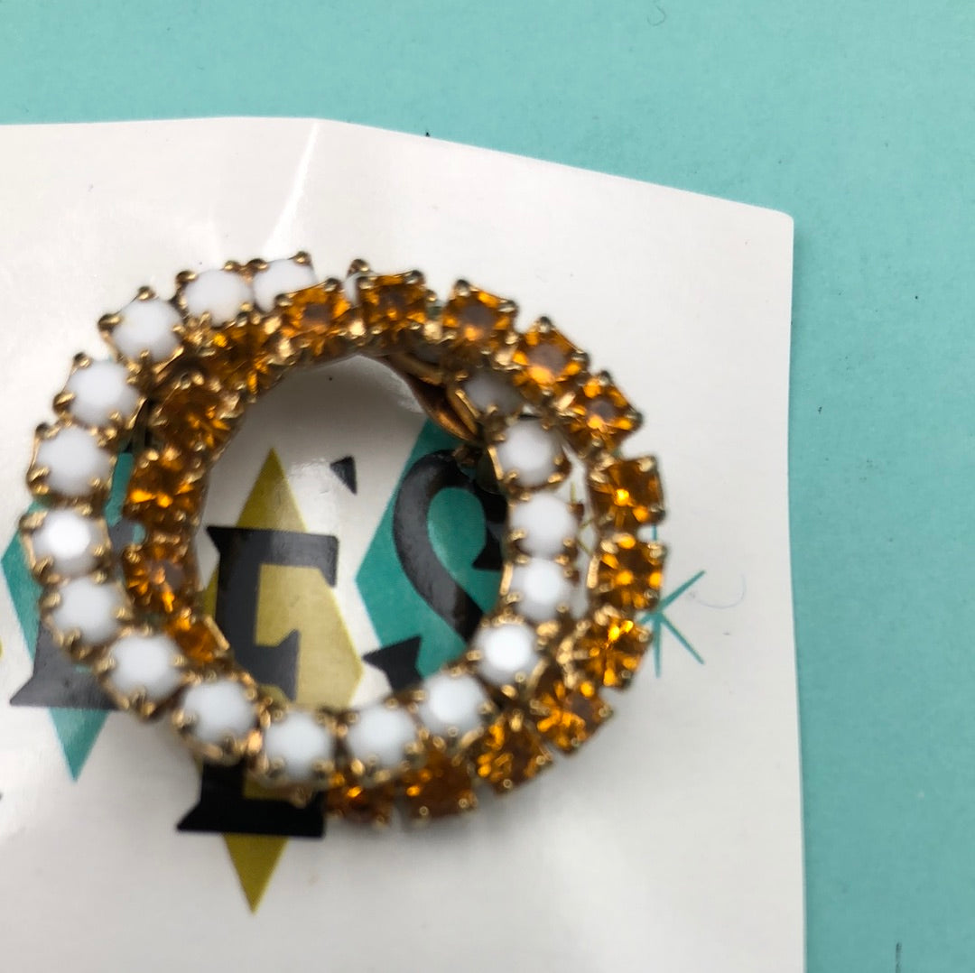 Broach and Clip Earrings Set - Amber and White Crystal