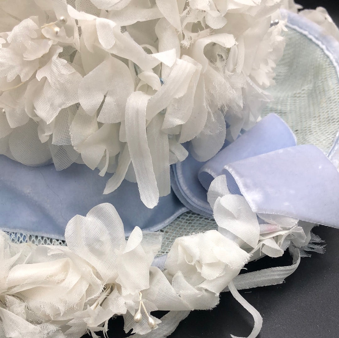 White floral bucket hat with Powder Blue Velvet Band