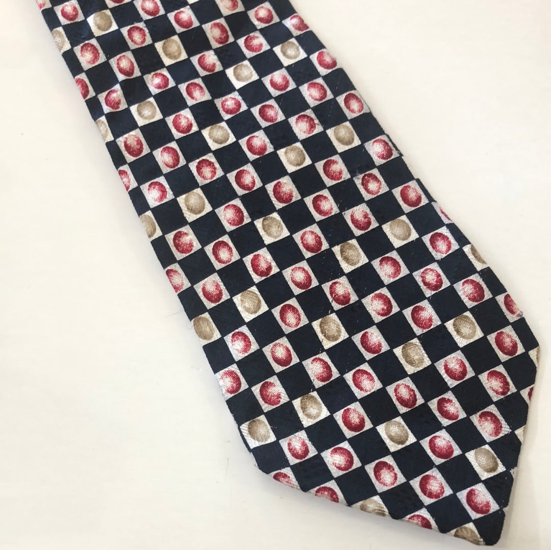 Black and white tie with maroon and tan detail