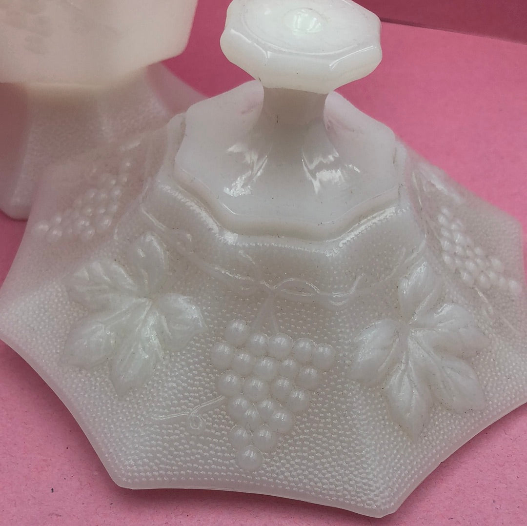 Footed Octagonal Milk Glass Covered Dish with Grape Pattern
