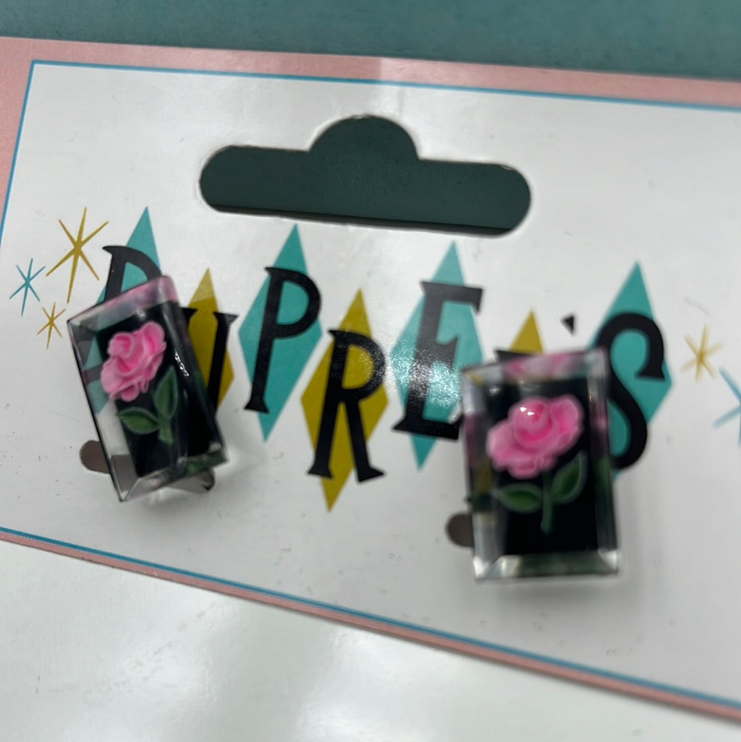 Rectangle pink rose on resin clip on