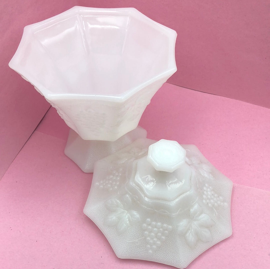 Footed Octagonal Milk Glass Covered Dish with Grape Pattern