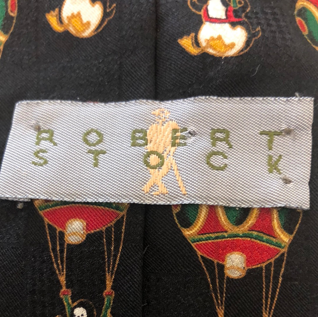 Black tie with penguin and hot air balloon pattern