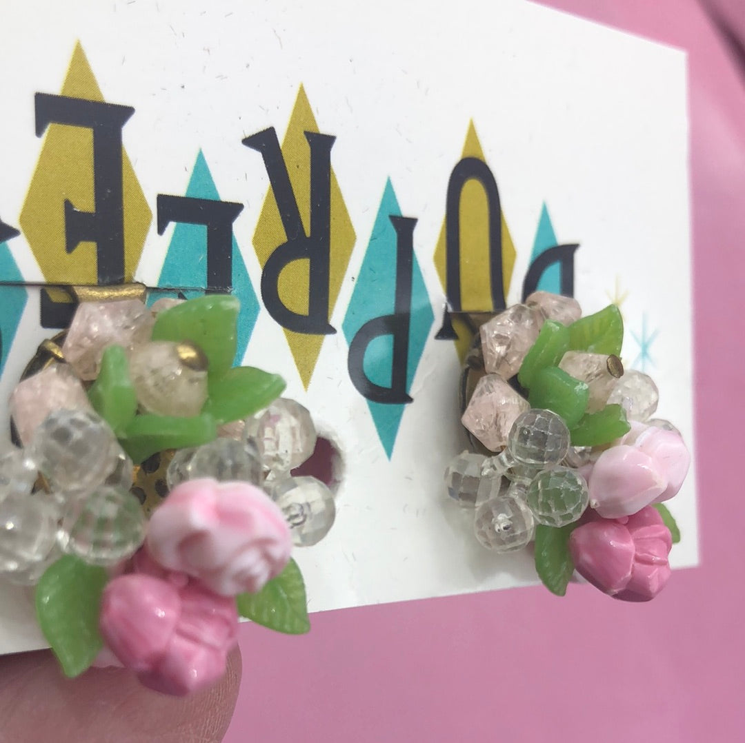 Pink flower bouquet bead cluster earrings with clip on back