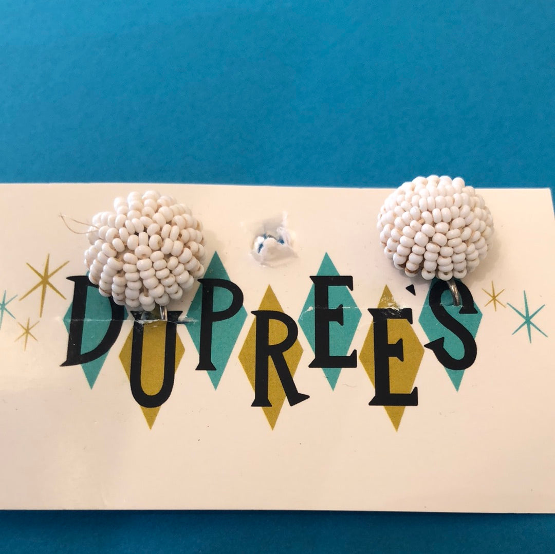 White bead Clip On Earrings