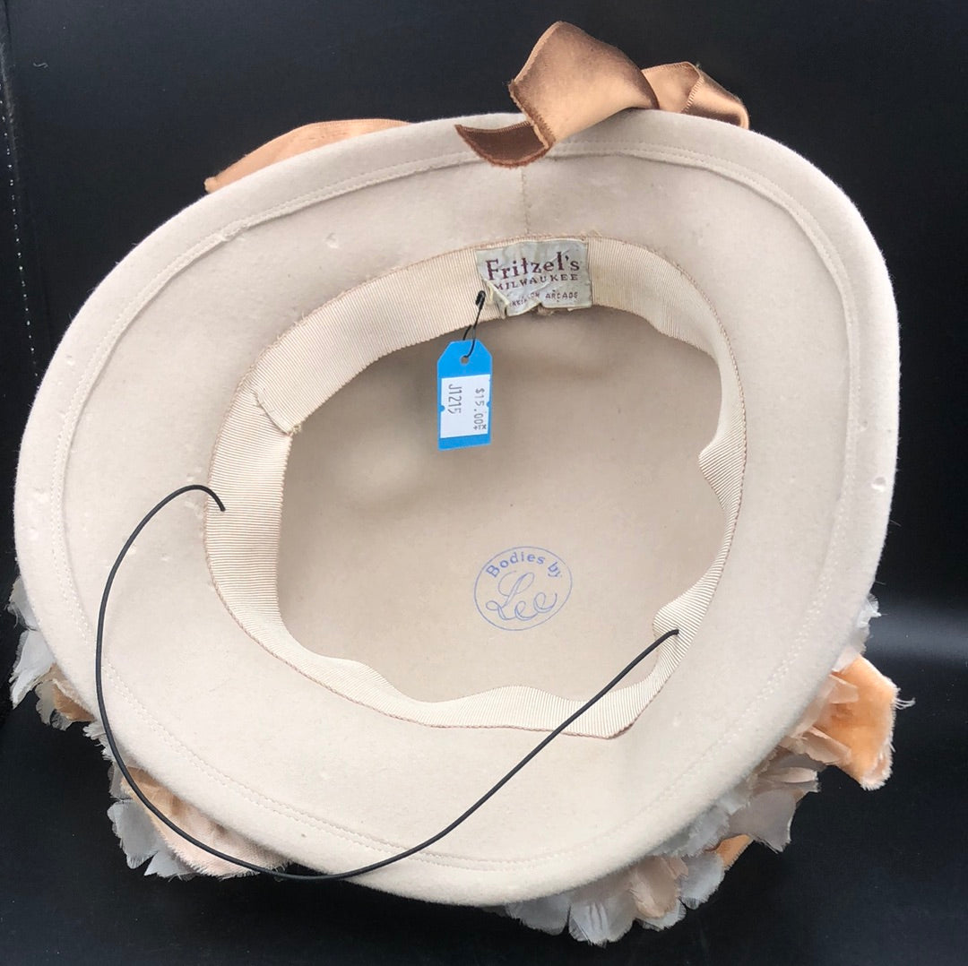 Beige hat with Peach ribbon and Peach silk floral detail