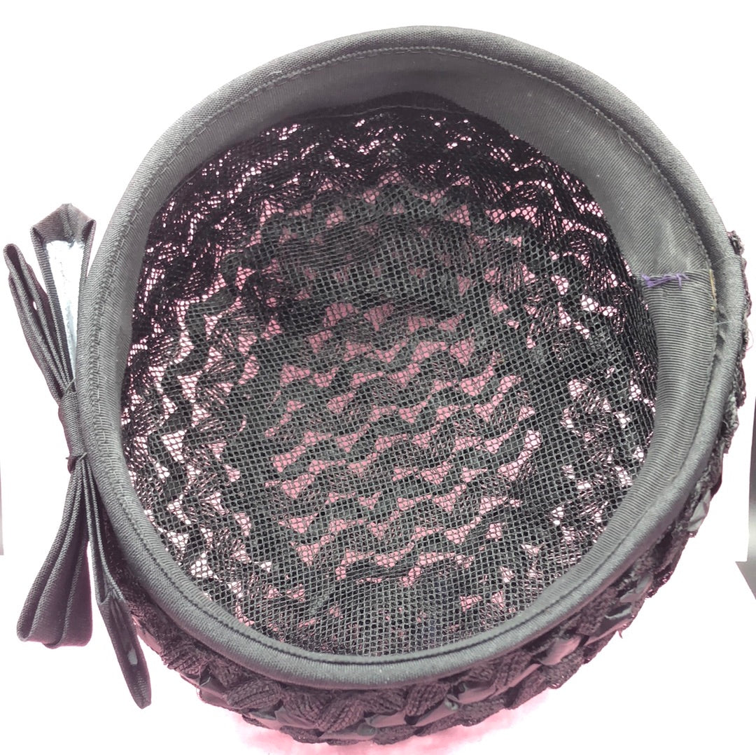 Black Hat with Bow and Woven Design