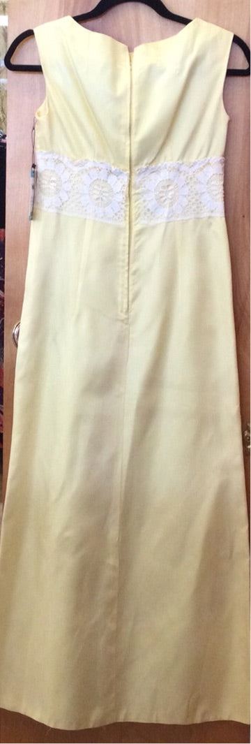 70s Light Yellow Satin & Lace Maxi Dress
