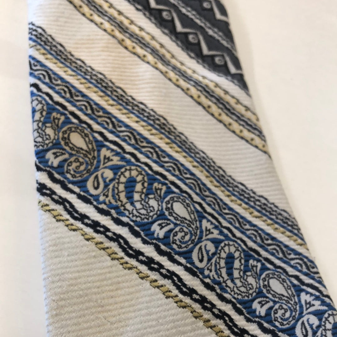 Blue white yellow diagonal strip tie with paisley