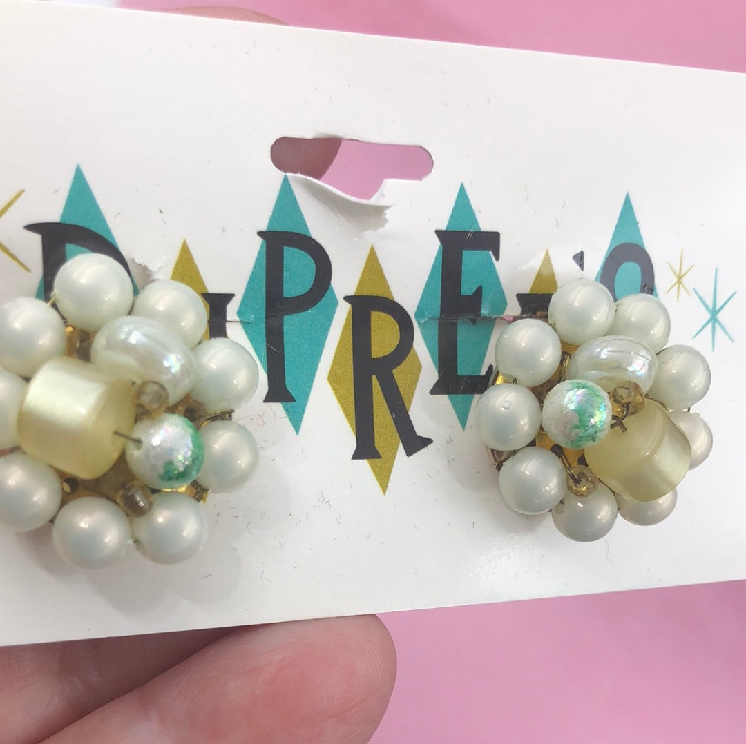 White and Light Green bead cluster clip on earring