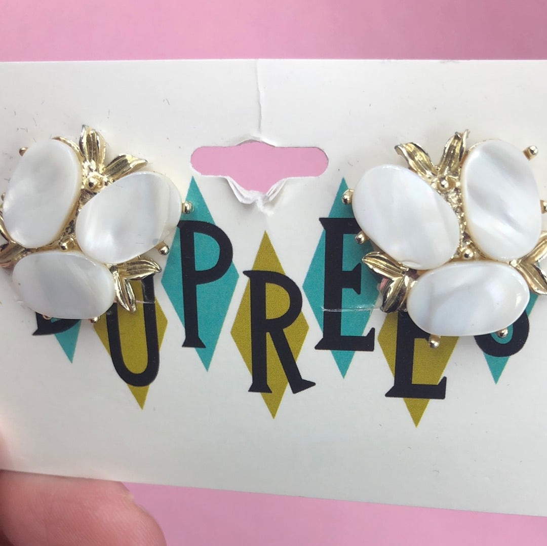 White Faux Opal a few Gold Clip on earrings