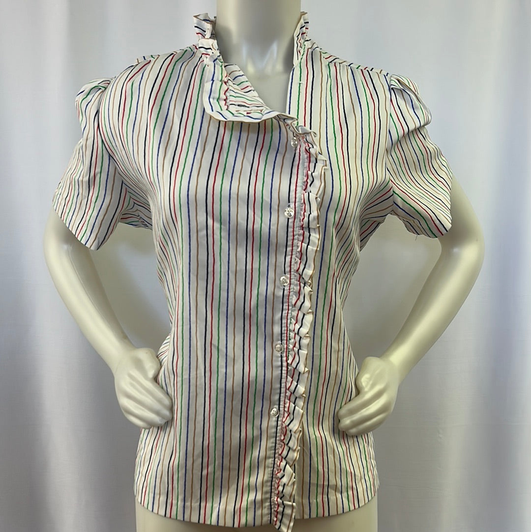80s White Blouse with Multi-Colored Stripes