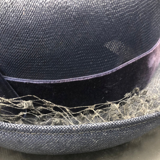Navy Blue woven hat with Blue velvet ribbon and bow
