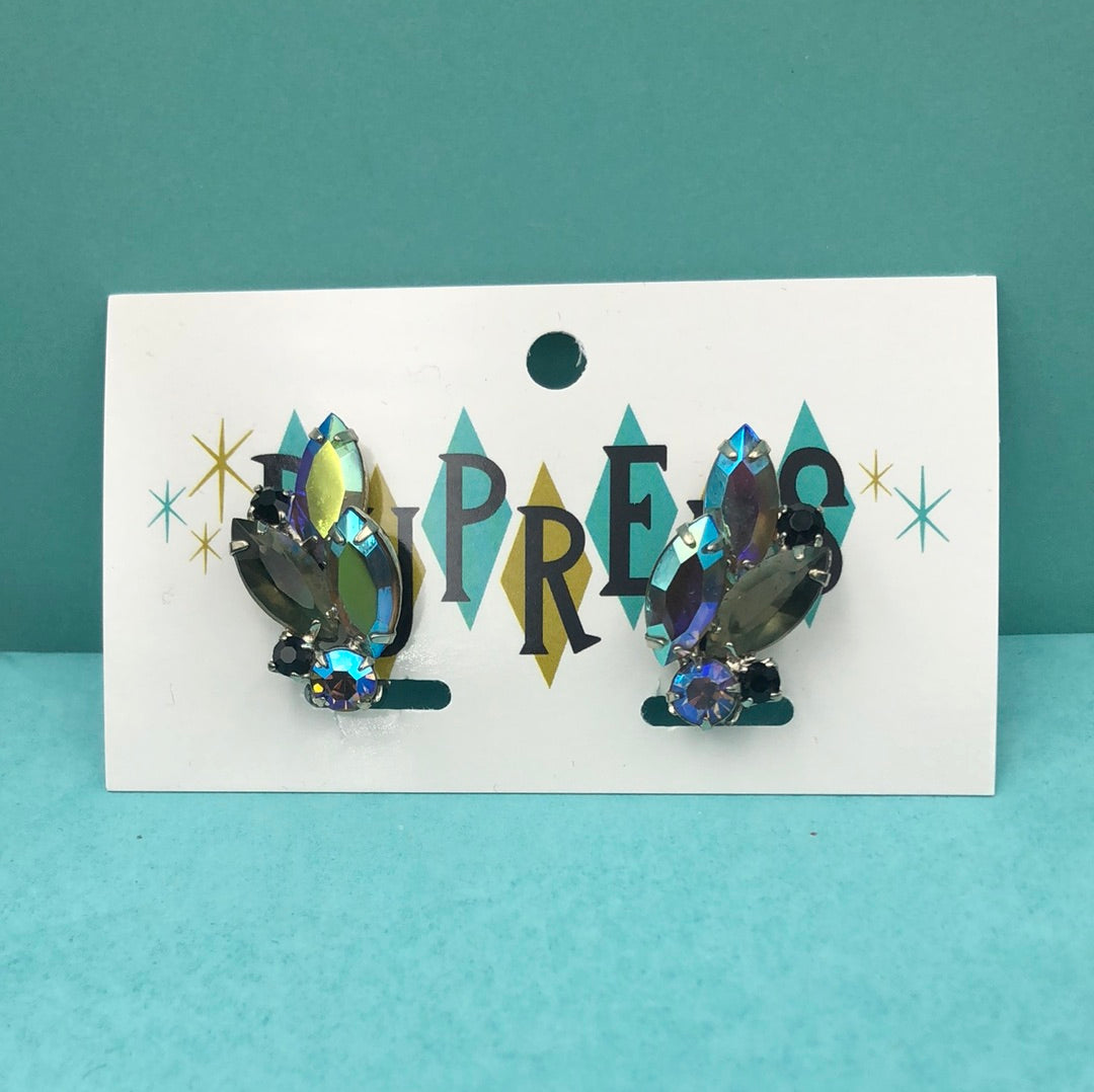 Silver marquis cut crystal cluster with aurora borealis clip on