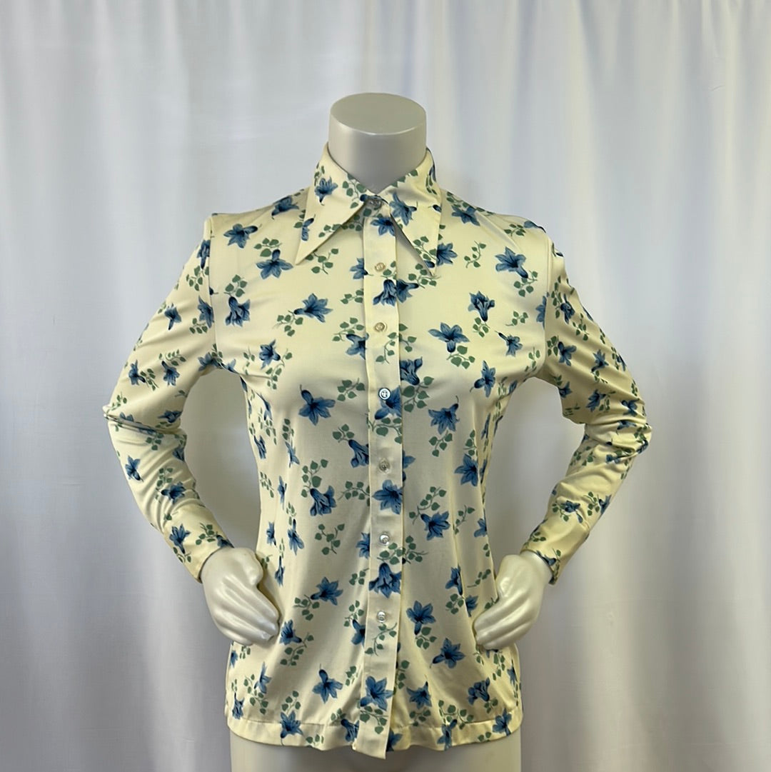 70s Pastel Yellow Floral Blouse