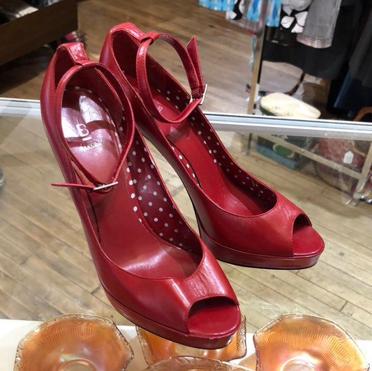 Red leather ankle strap peep toe heels