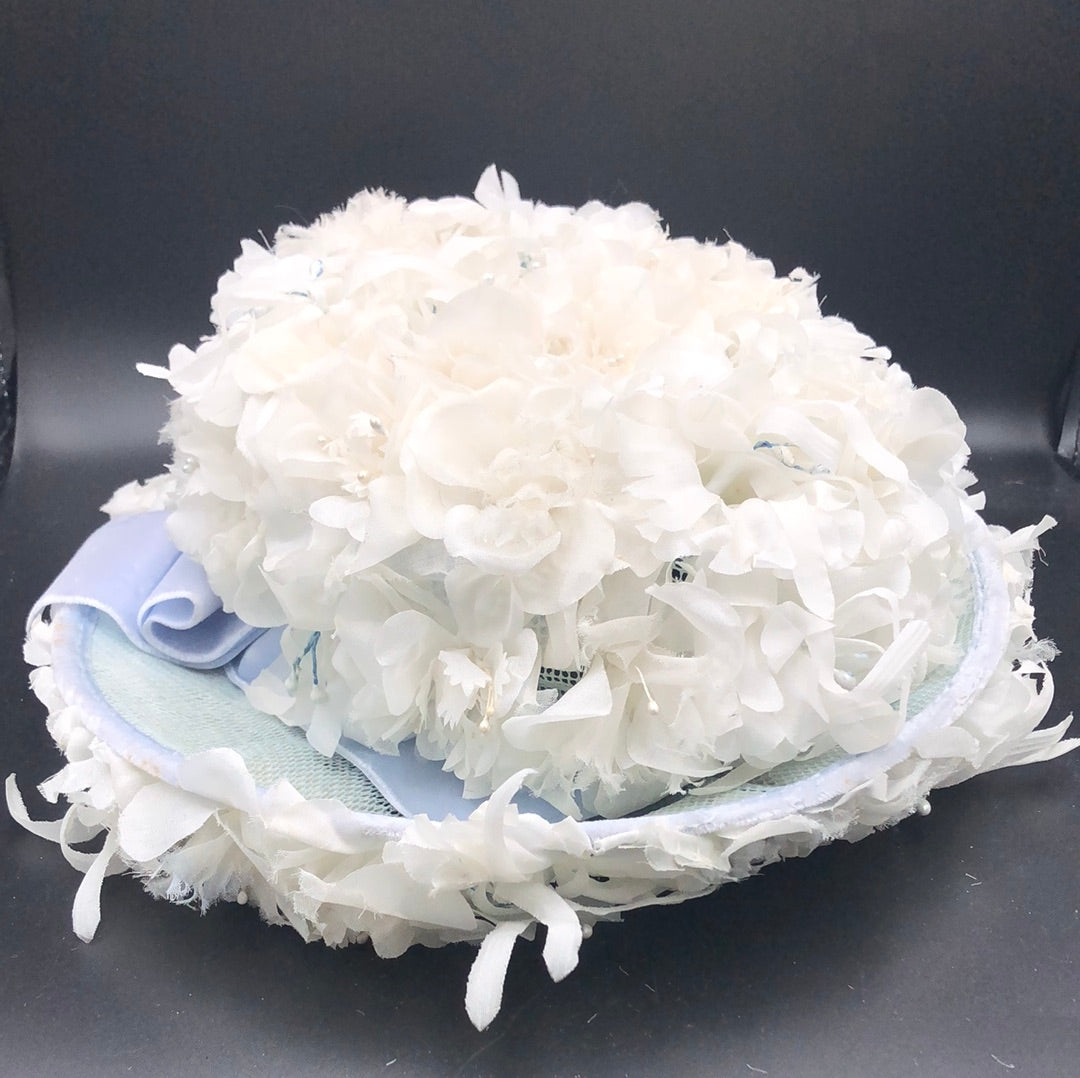 White floral bucket hat with Powder Blue Velvet Band