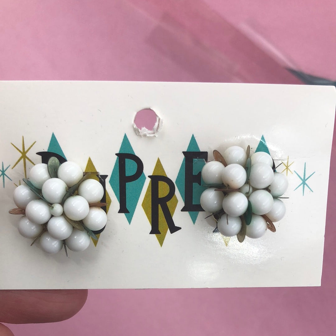 White bead cluster clip on earrings
