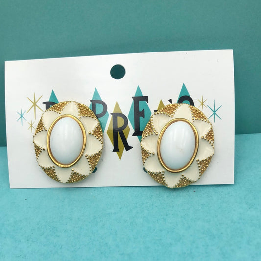 Oval Gold and White clip on earrings