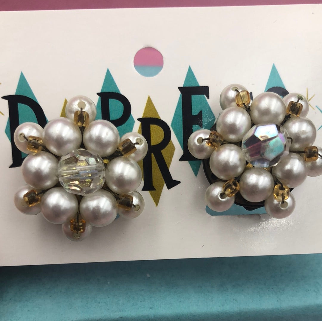 White faux pearl and crystal bead cluster clip on earring