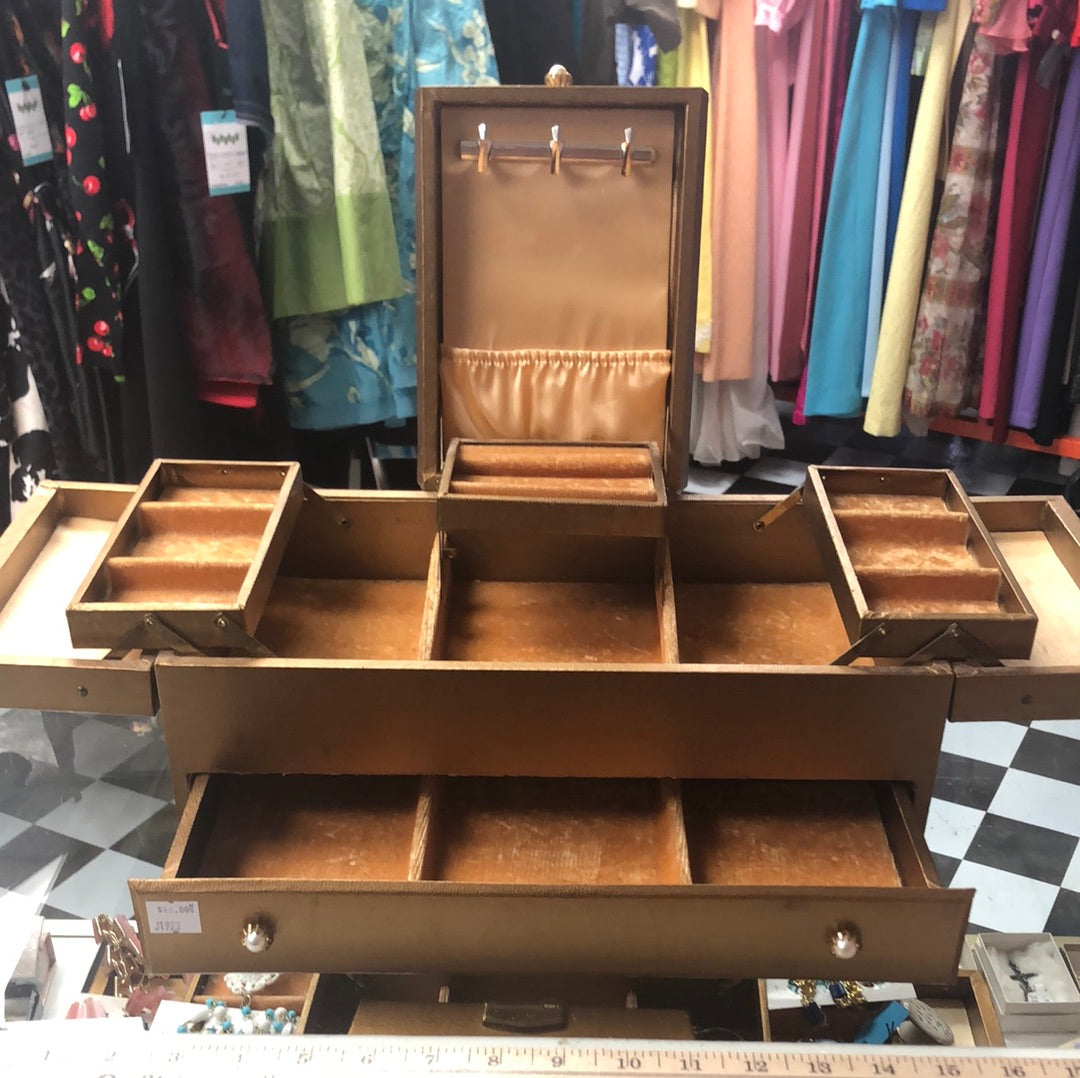 Gold Jewelry Box with pull out drawer and flip open top