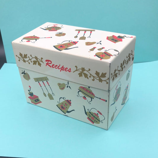Recipe box with vintage kitchen utensils print
