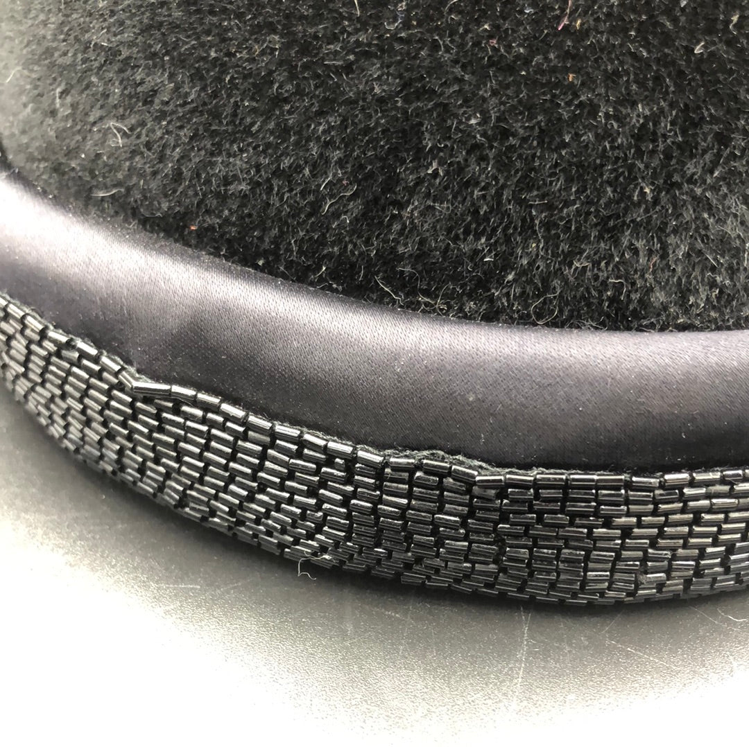 Black velvet hat with Black satin band and bugle bead trim