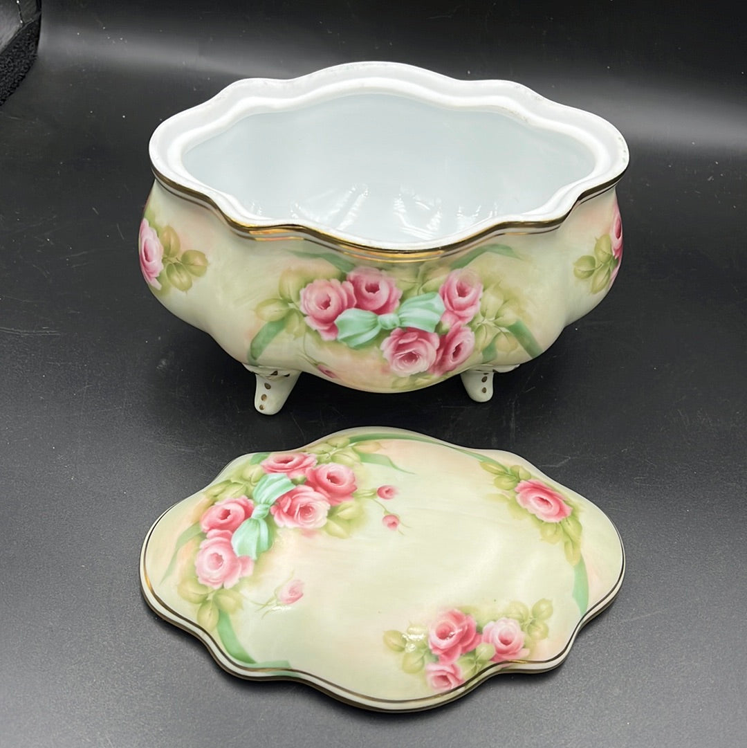 Hand painted oval covered ceramic dish