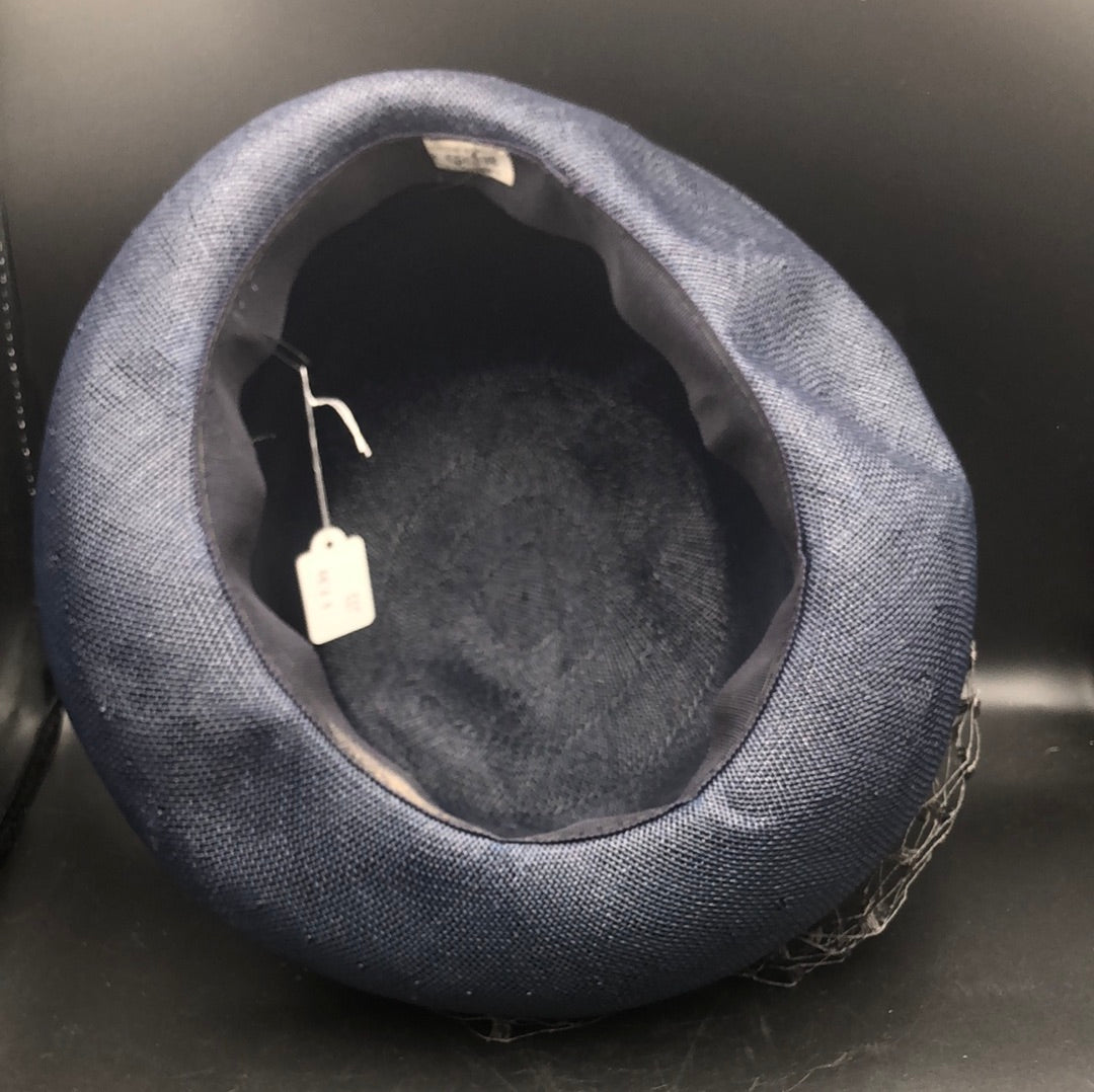 Navy Blue woven hat with Blue velvet ribbon and bow