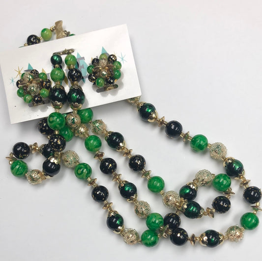 Double strand Gold and Green Bead Necklace with Clip on Earrings to match