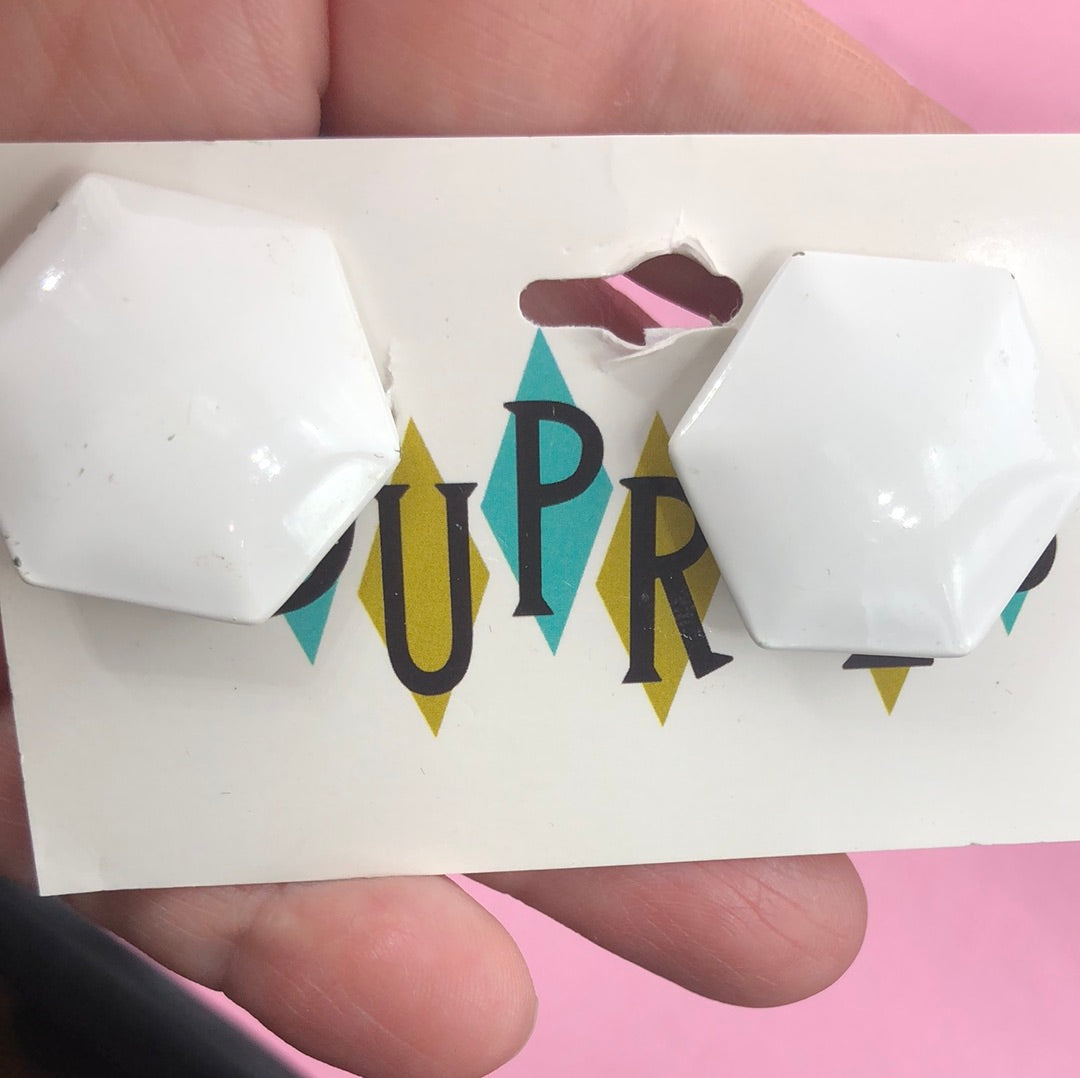 White Hexagon clip on earring
