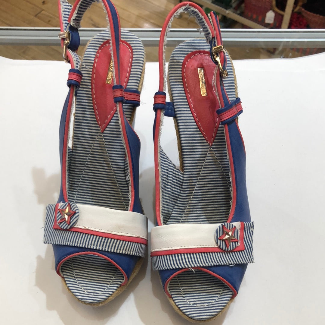 Nautical Red, White, and Blue Peep Toe Wedge